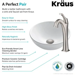 KRAUS Elavo 14-Inch Round White Porcelain Ceramic Bathroom Vessel Sink and Arlo Faucet Combo Set with Pop-Up Drain
