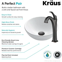 KRAUS Elavo 14-Inch Round White Porcelain Ceramic Bathroom Vessel Sink and Arlo Faucet Combo Set with Pop-Up Drain