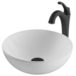 KRAUS Elavo 14-Inch Round White Porcelain Ceramic Bathroom Vessel Sink and Arlo Faucet Combo Set with Pop-Up Drain