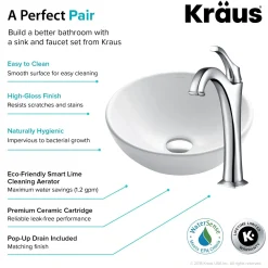KRAUS Elavo 14-Inch Round White Porcelain Ceramic Bathroom Vessel Sink and Arlo Faucet Combo Set with Pop-Up Drain