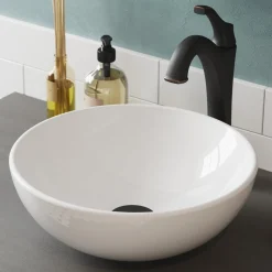 KRAUS Elavo 14-Inch Round White Porcelain Ceramic Bathroom Vessel Sink and Arlo Faucet Combo Set with Pop-Up Drain