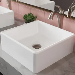 KRAUS Elavo 15-Inch Square White Porcelain Ceramic Bathroom Vessel Sink and Arlo Faucet Combo Set with Pop-Up Drain