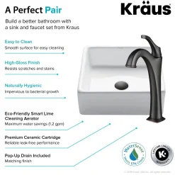 KRAUS Elavo 15-Inch Square White Porcelain Ceramic Bathroom Vessel Sink and Arlo Faucet Combo Set with Pop-Up Drain