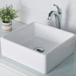 KRAUS Elavo 15-Inch Square White Porcelain Ceramic Bathroom Vessel Sink and Arlo Faucet Combo Set with Pop-Up Drain