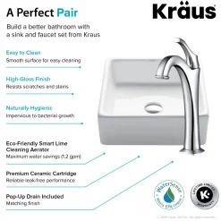 KRAUS Elavo 15-Inch Square White Porcelain Ceramic Bathroom Vessel Sink and Arlo Faucet Combo Set with Pop-Up Drain