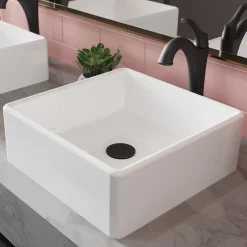 KRAUS Elavo 15-Inch Square White Porcelain Ceramic Bathroom Vessel Sink and Arlo Faucet Combo Set with Pop-Up Drain
