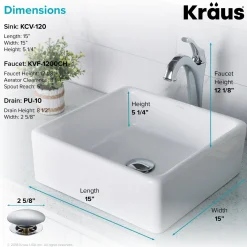 KRAUS Elavo 15-Inch Square White Porcelain Ceramic Bathroom Vessel Sink and Arlo Faucet Combo Set with Pop-Up Drain