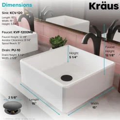 KRAUS Elavo 15-Inch Square White Porcelain Ceramic Bathroom Vessel Sink and Arlo Faucet Combo Set with Pop-Up Drain