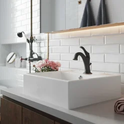 KRAUS Elavo 18 1/2-Inch Square White Porcelain Ceramic Bathroom Vessel Sink with Overflow and Arlo Faucet Combo Set with Lift Rod Drain
