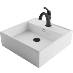 KRAUS Elavo 18 1/2-Inch Square White Porcelain Ceramic Bathroom Vessel Sink with Overflow and Arlo Faucet Combo Set with Lift Rod Drain