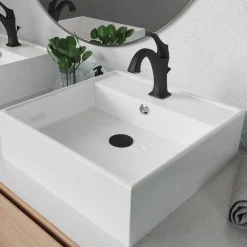 KRAUS Elavo 18 1/2-Inch Square White Porcelain Ceramic Bathroom Vessel Sink with Overflow and Arlo Faucet Combo Set with Lift Rod Drain
