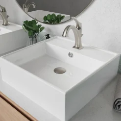 KRAUS Elavo 18 1/2-Inch Square White Porcelain Ceramic Bathroom Vessel Sink with Overflow and Arlo Faucet Combo Set with Lift Rod Drain