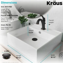 KRAUS Elavo 18 1/2-Inch Square White Porcelain Ceramic Bathroom Vessel Sink with Overflow and Arlo Faucet Combo Set with Lift Rod Drain