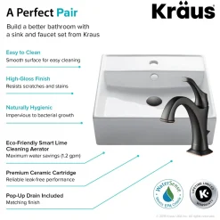 KRAUS Elavo 18 1/2-Inch Square White Porcelain Ceramic Bathroom Vessel Sink with Overflow and Arlo Faucet Combo Set with Lift Rod Drain