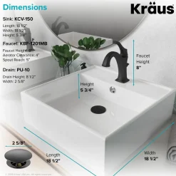 KRAUS Elavo 18 1/2-Inch Square White Porcelain Ceramic Bathroom Vessel Sink with Overflow and Arlo Faucet Combo Set with Lift Rod Drain