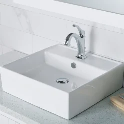 KRAUS Elavo 18 1/2-Inch Square White Porcelain Ceramic Bathroom Vessel Sink with Overflow and Arlo Faucet Combo Set with Lift Rod Drain