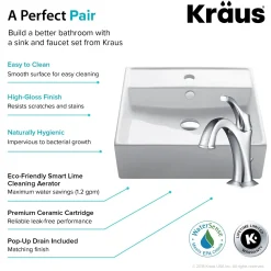 KRAUS Elavo 18 1/2-Inch Square White Porcelain Ceramic Bathroom Vessel Sink with Overflow and Arlo Faucet Combo Set with Lift Rod Drain
