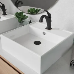 KRAUS Elavo 18 1/2-Inch Square White Porcelain Ceramic Bathroom Vessel Sink with Overflow and Arlo Faucet Combo Set with Lift Rod Drain
