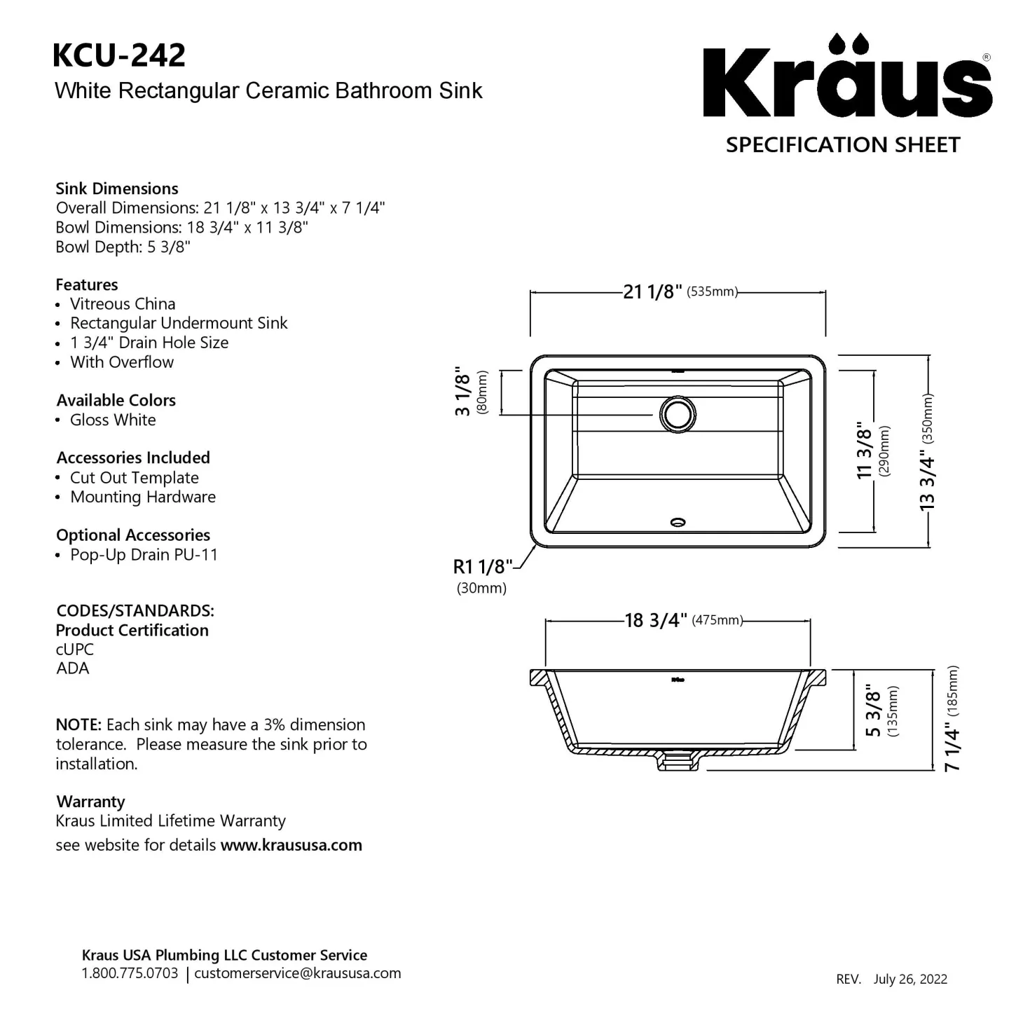 KRAUS Elavo 21-1/8" Rectangular Porcelain Undermount Bathroom Sink in White