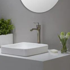 KRAUS Elavo Series Square Ceramic Semi-Recessed Bathroom Sink in White with Overflow