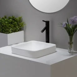 KRAUS Elavo Series Square Ceramic Semi-Recessed Bathroom Sink in White with Overflow