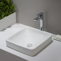KRAUS Elavo Series Square Ceramic Semi-Recessed Bathroom Sink in White with Overflow