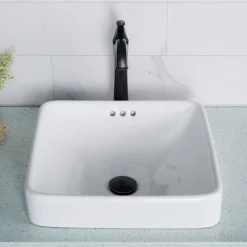 KRAUS Elavo Series Square Ceramic Semi-Recessed Bathroom Sink in White with Overflow
