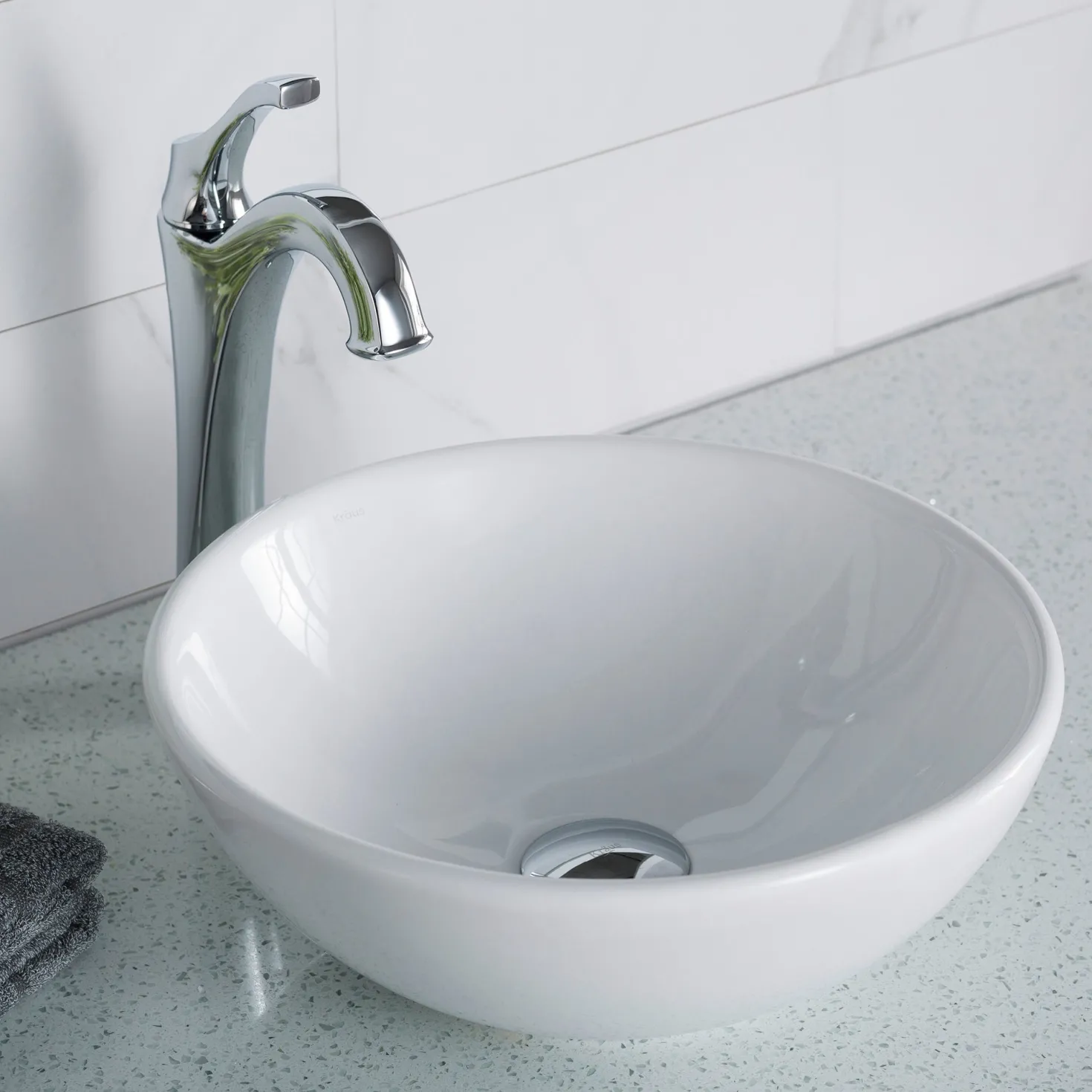 KRAUS Elavo Small Round Ceramic Vessel Bathroom Sink in White