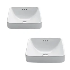 KRAUS Elavo Square Semi-Recessed Vessel White Porcelain Bathroom Sink with Overflow, 16 1/2 " (2-Pack)