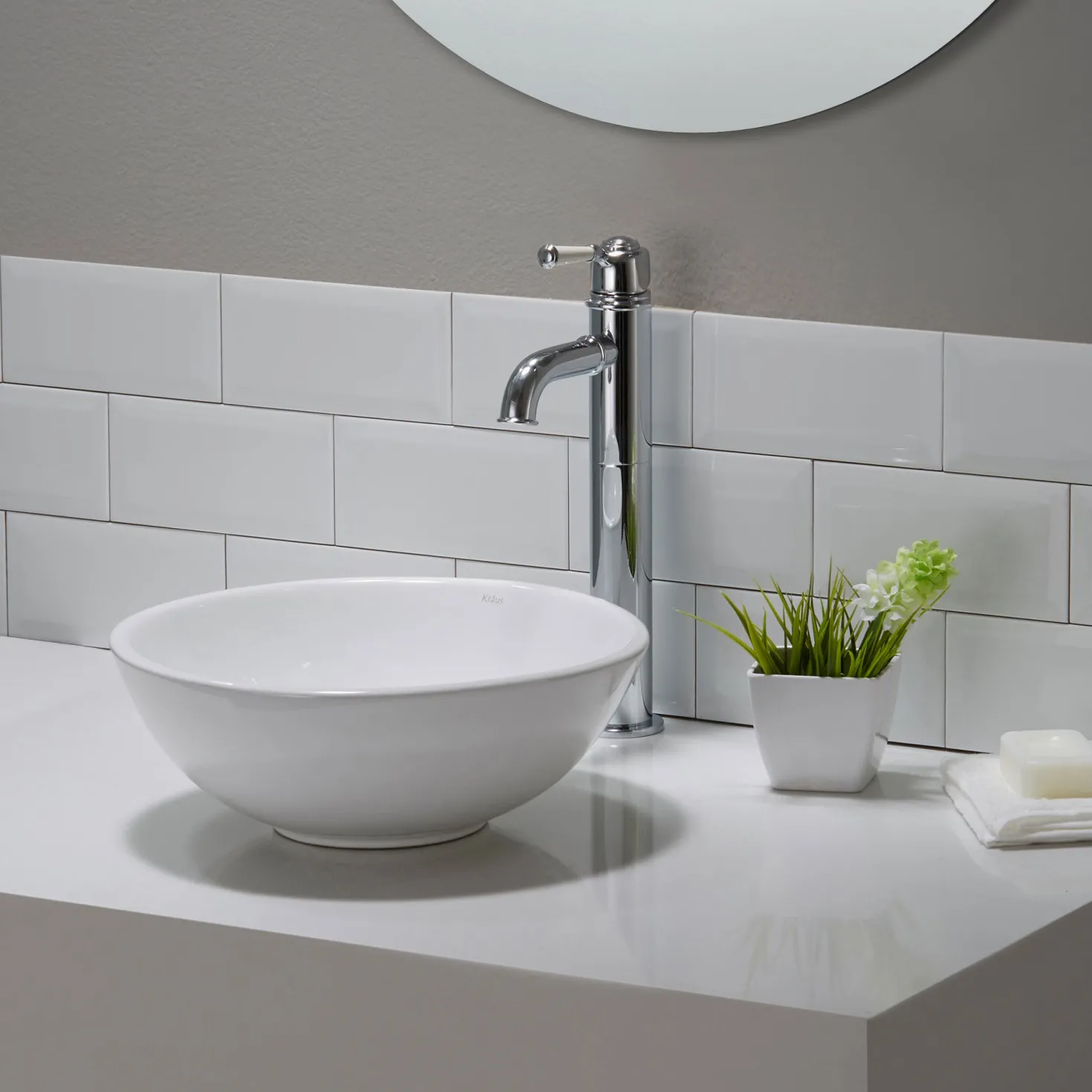 KRAUS ElavoWhite Ceramic Small Round Vessel Bathroom Sink & Pop Up drain