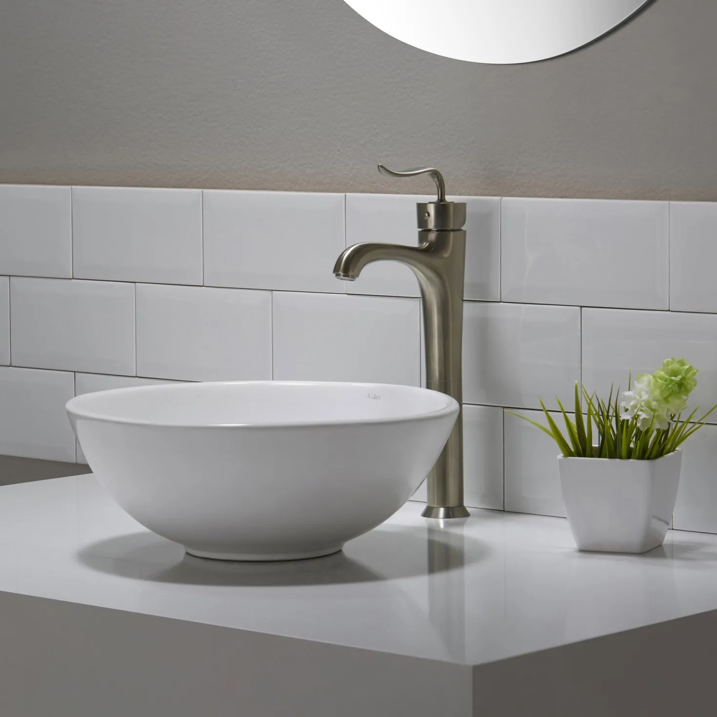 KRAUS ElavoWhite Ceramic Small Round Vessel Bathroom Sink & Pop Up drain