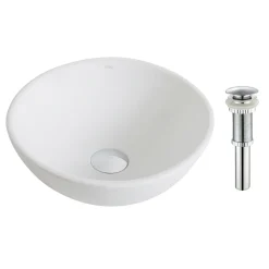 KRAUS ElavoWhite Ceramic Small Round Vessel Bathroom Sink & Pop Up drain