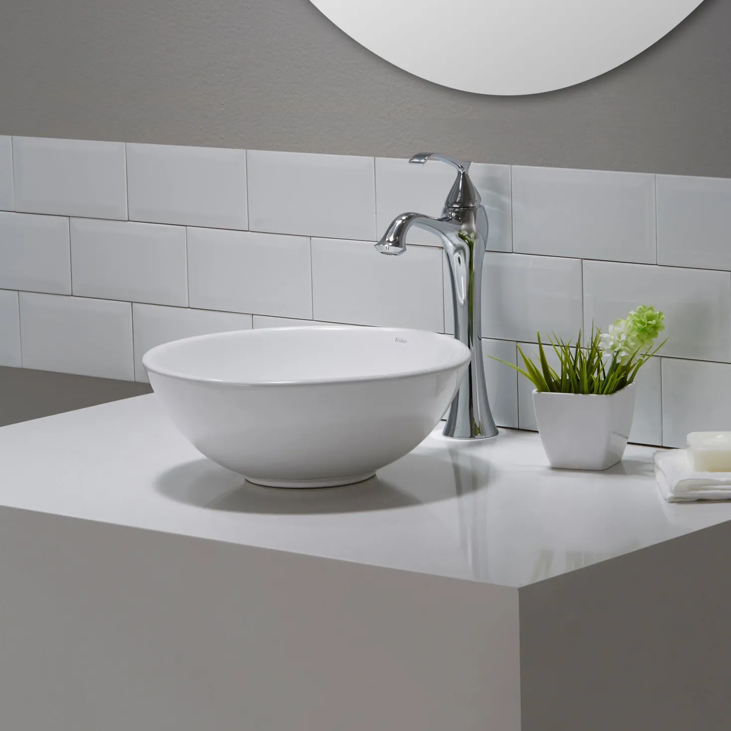 KRAUS ElavoWhite Ceramic Small Round Vessel Bathroom Sink & Pop Up drain