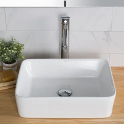 KRAUS Elavo 19" White Rectangular Porcelain Bathroom Vessel Sink with Ramus Single Handle Vessel Bathroom Sink Faucet with Pop-Up Drain