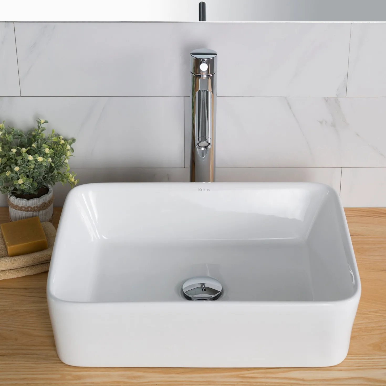 KRAUS Elavo 19" White Rectangular Porcelain Bathroom Vessel Sink with Ramus Single Handle Vessel Bathroom Sink Faucet with Pop-Up Drain