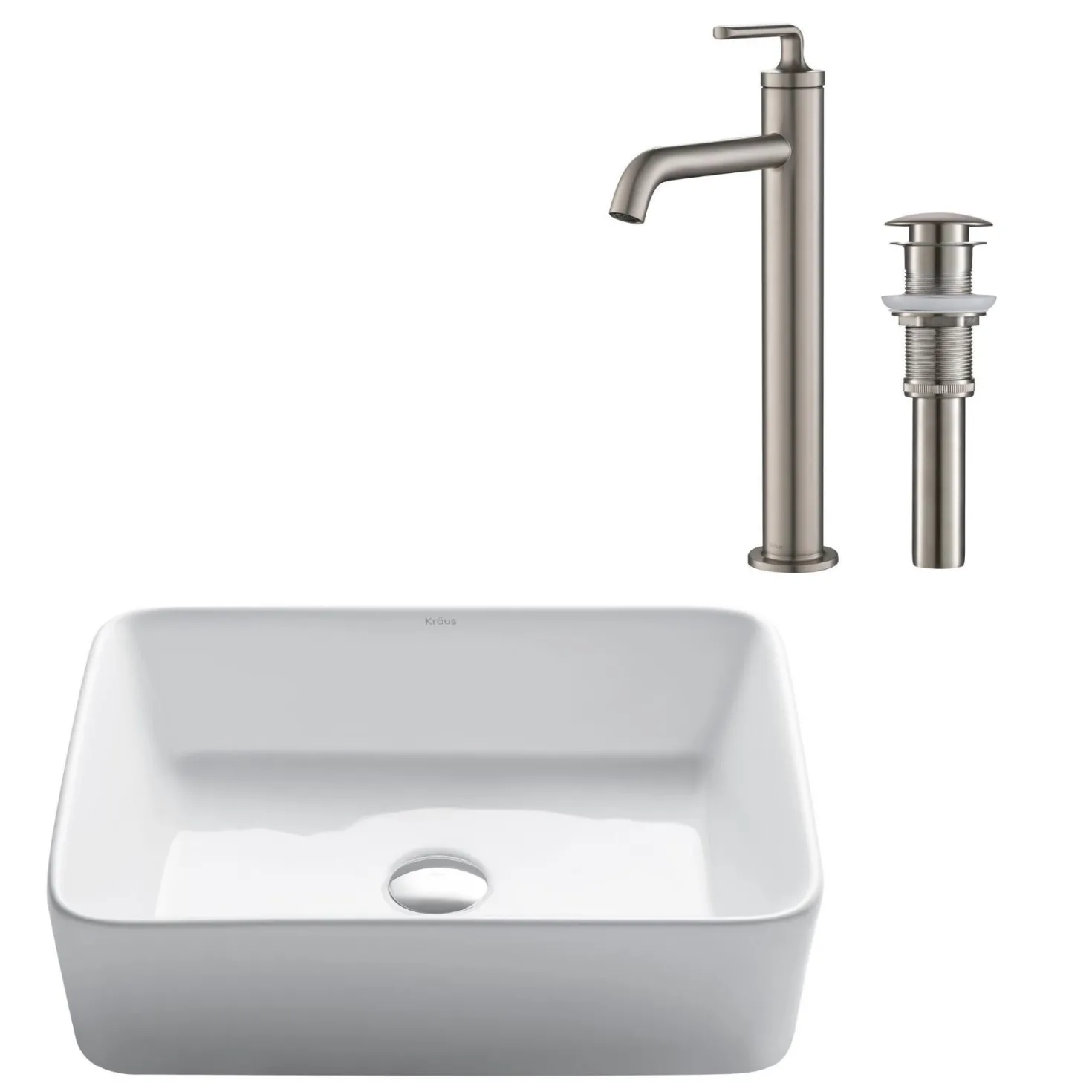 KRAUS Elavo 19" White Rectangular Porcelain Bathroom Vessel Sink with Ramus Single Handle Vessel Bathroom Sink Faucet with Pop-Up Drain