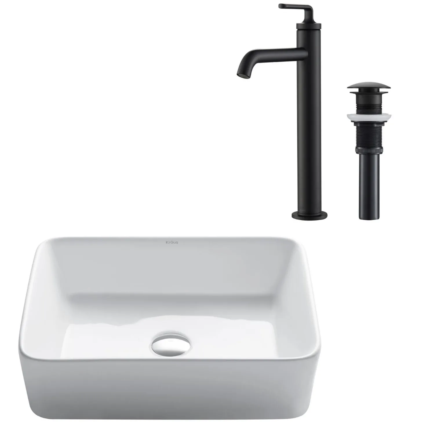 KRAUS Elavo 19" White Rectangular Porcelain Bathroom Vessel Sink with Ramus Single Handle Vessel Bathroom Sink Faucet with Pop-Up Drain
