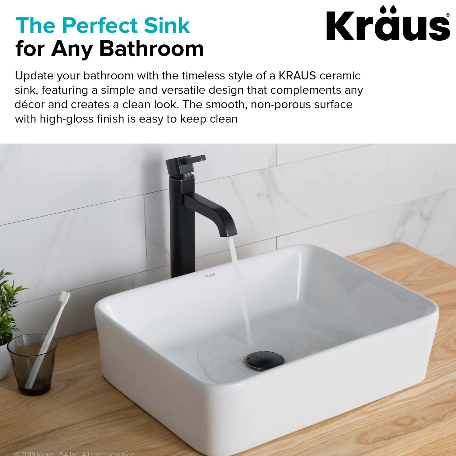 KRAUS Elavo 19" White Rectangular Porcelain Bathroom Vessel Sink with Ramus Single Handle Vessel Bathroom Sink Faucet with Pop-Up Drain