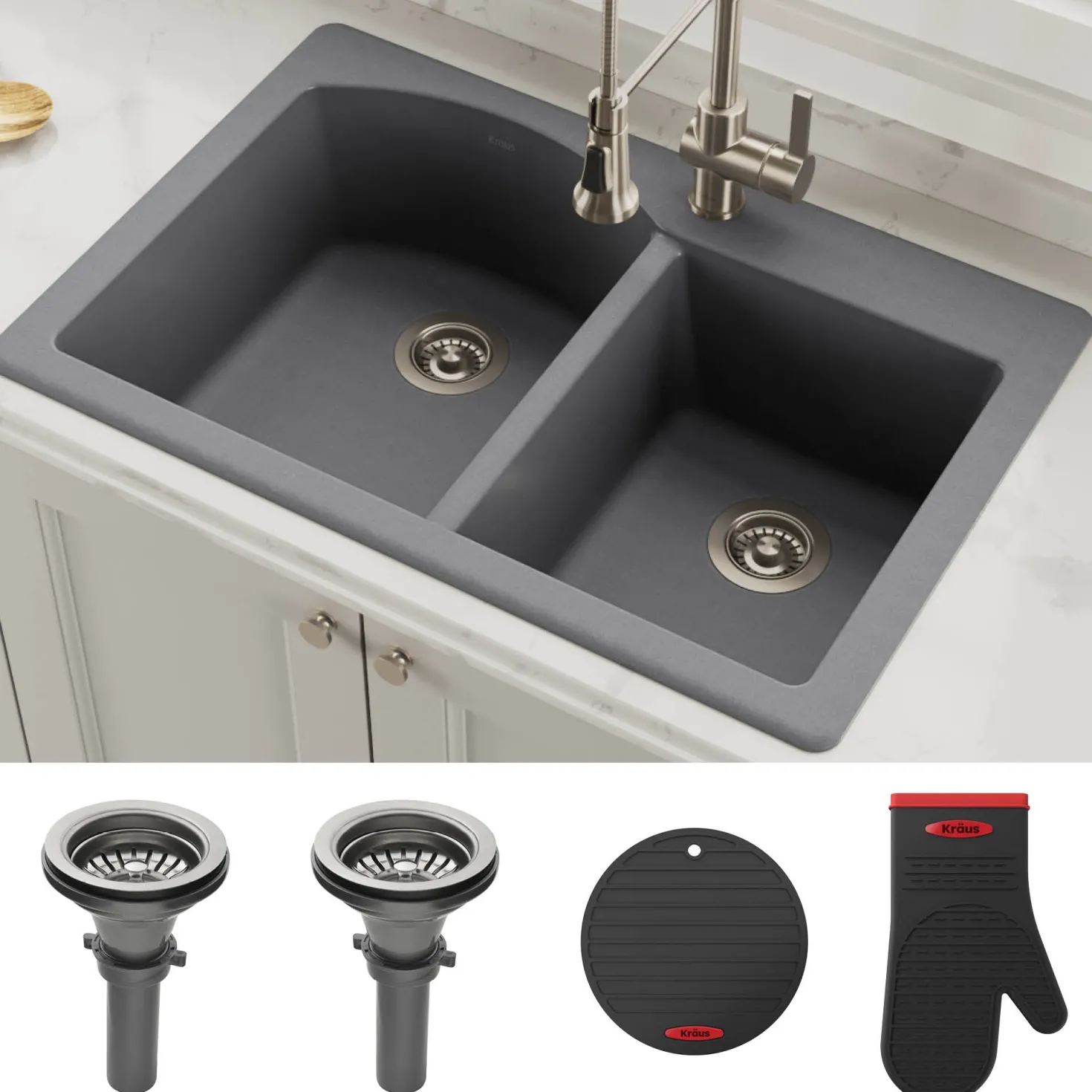 KRAUS Forteza 33" Dual Mount 60/40 Double Bowl Granite Kitchen Sink in Grey