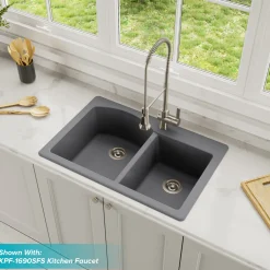 KRAUS Forteza 33" Dual Mount 60/40 Double Bowl Granite Kitchen Sink in Grey