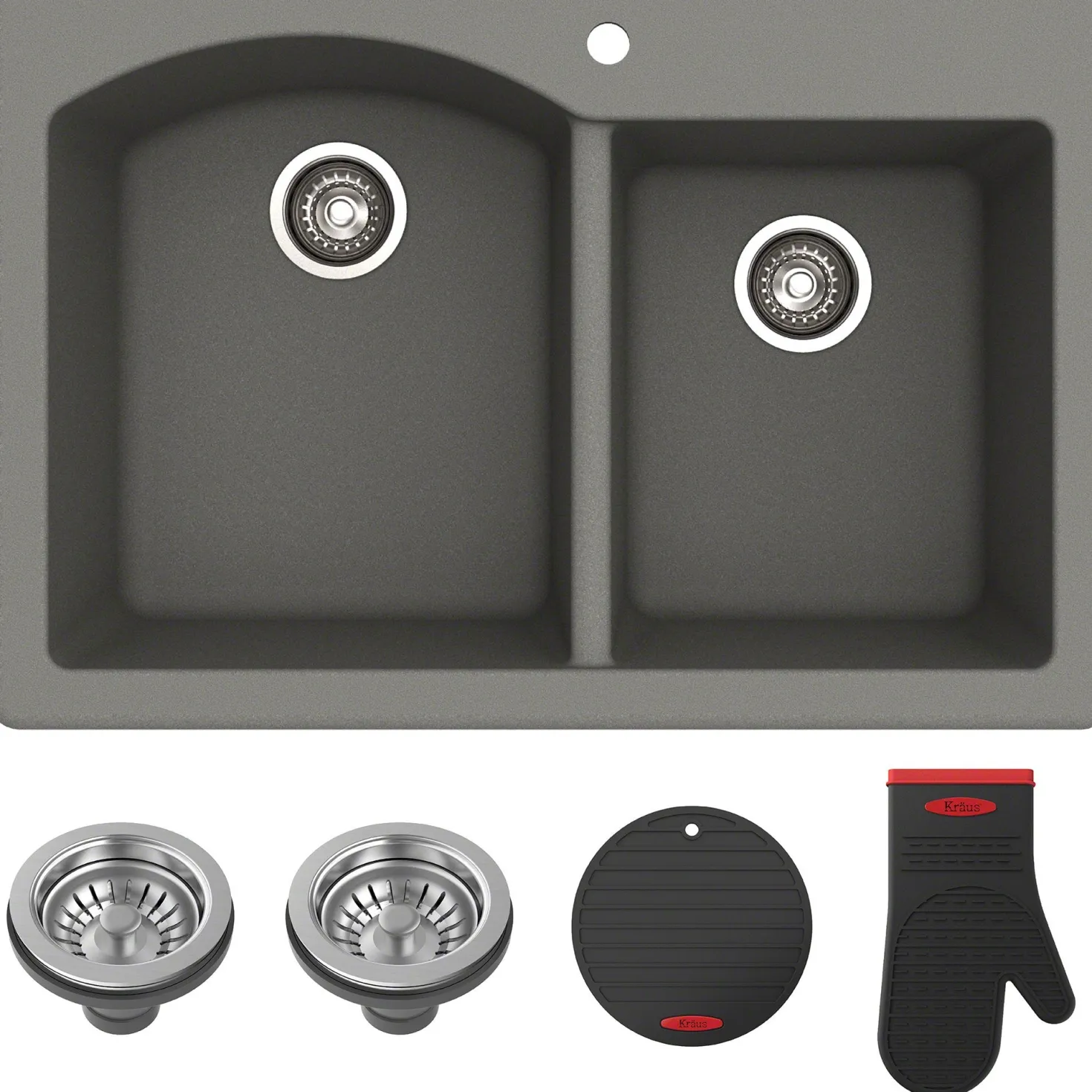KRAUS Forteza 33" Dual Mount 60/40 Double Bowl Granite Kitchen Sink in Grey