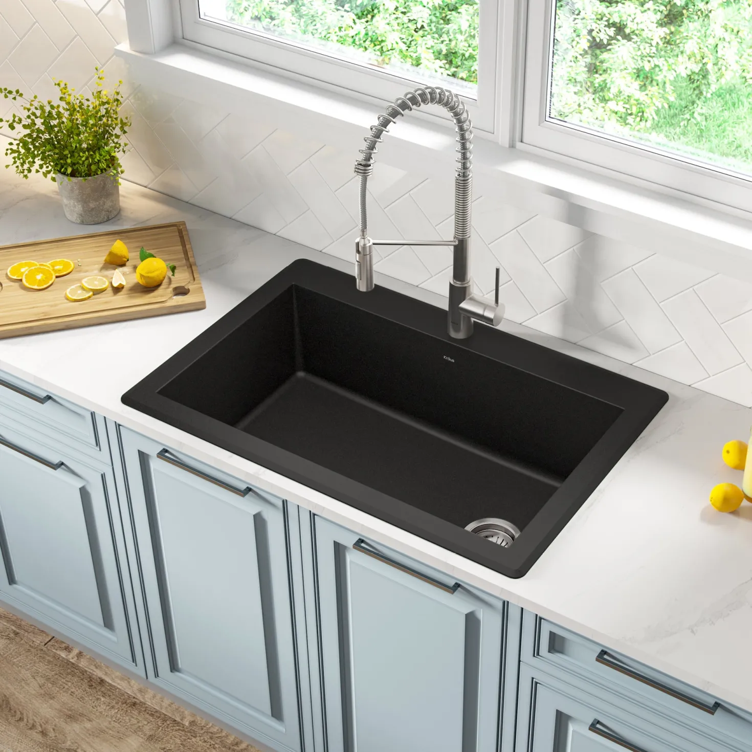 KRAUS Forteza 33" Dual Mount Single Bowl Black Granite Kitchen Sink in Black