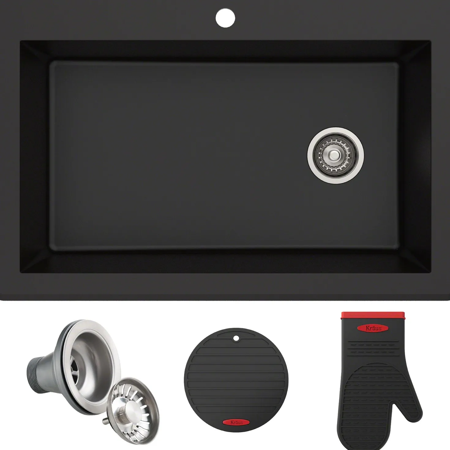 KRAUS Forteza 33" Dual Mount Single Bowl Black Granite Kitchen Sink in Black