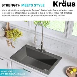 KRAUS Forteza 33" Dual Mount Single Bowl Granite Kitchen Sink in Grey
