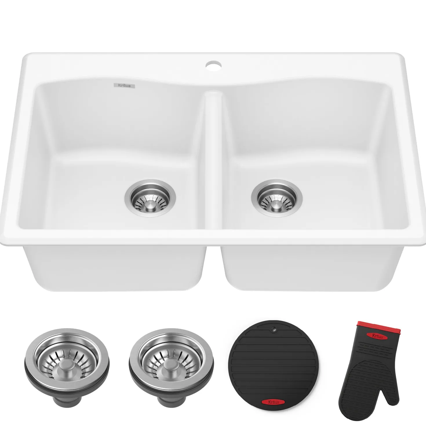 KRAUS Forteza 33” Granite Drop-In or Undermount 50/50 Double Bowl White Kitchen Sink