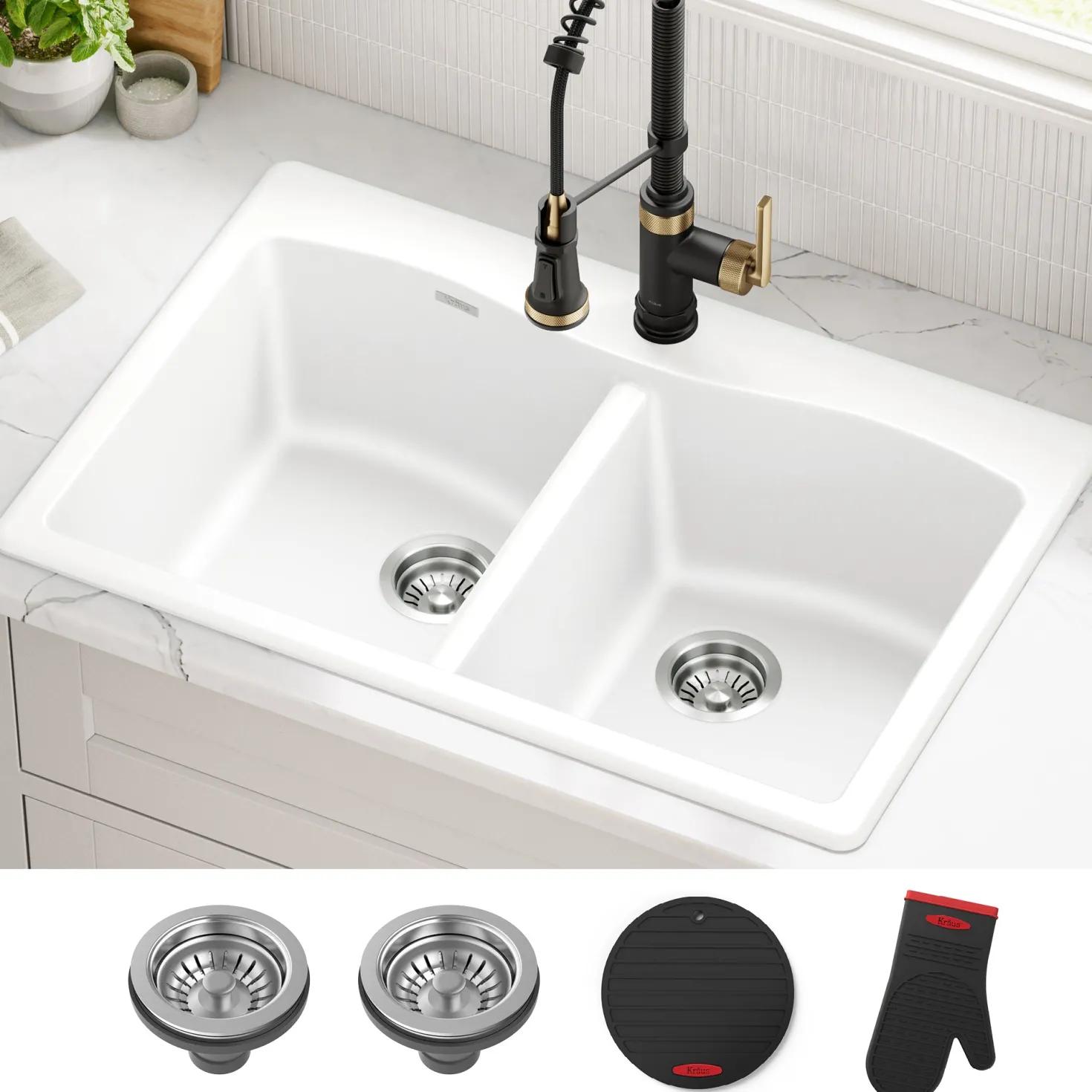 KRAUS Forteza 33” Granite Drop-In or Undermount 50/50 Double Bowl White Kitchen Sink