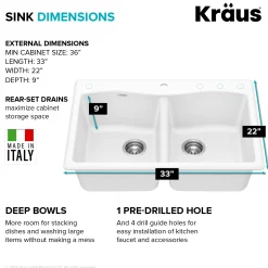 KRAUS Forteza 33” Granite Drop-In or Undermount 50/50 Double Bowl White Kitchen Sink