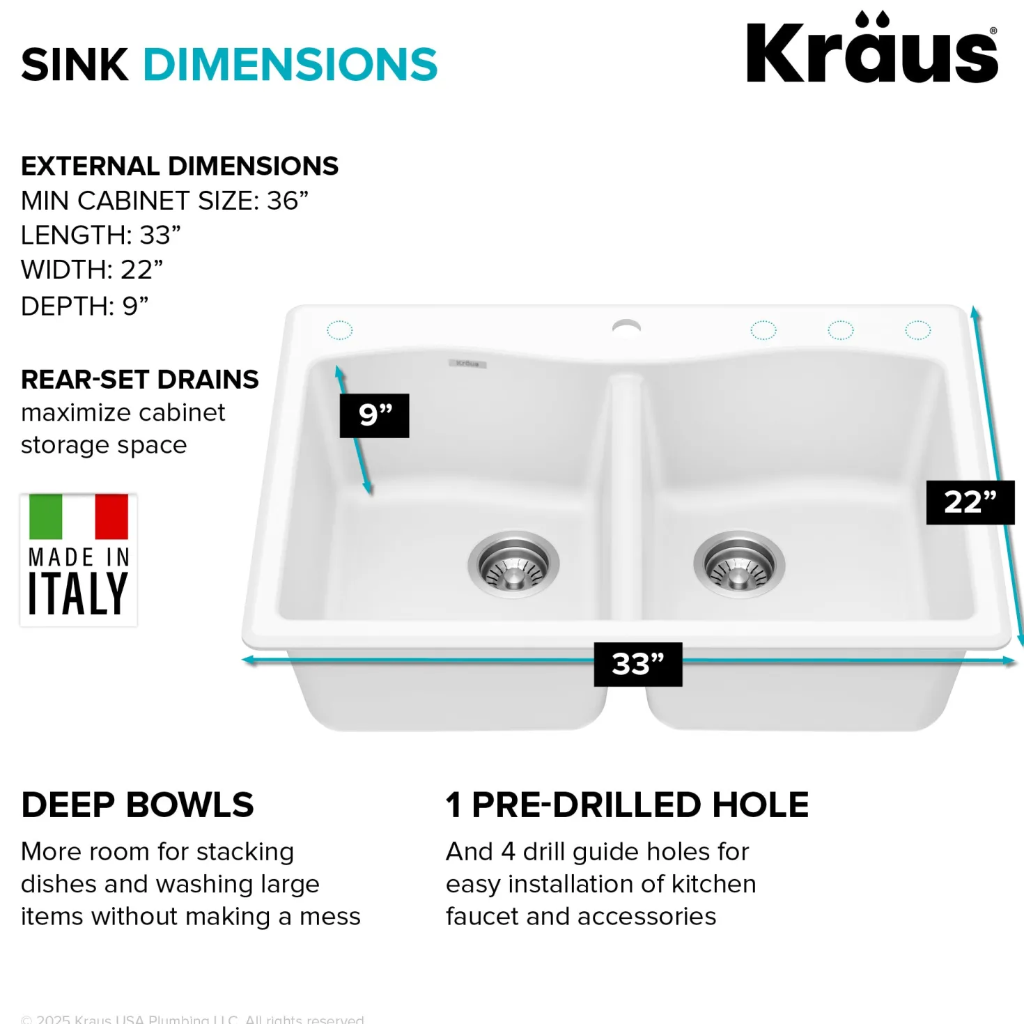 KRAUS Forteza 33” Granite Drop-In or Undermount 50/50 Double Bowl White Kitchen Sink
