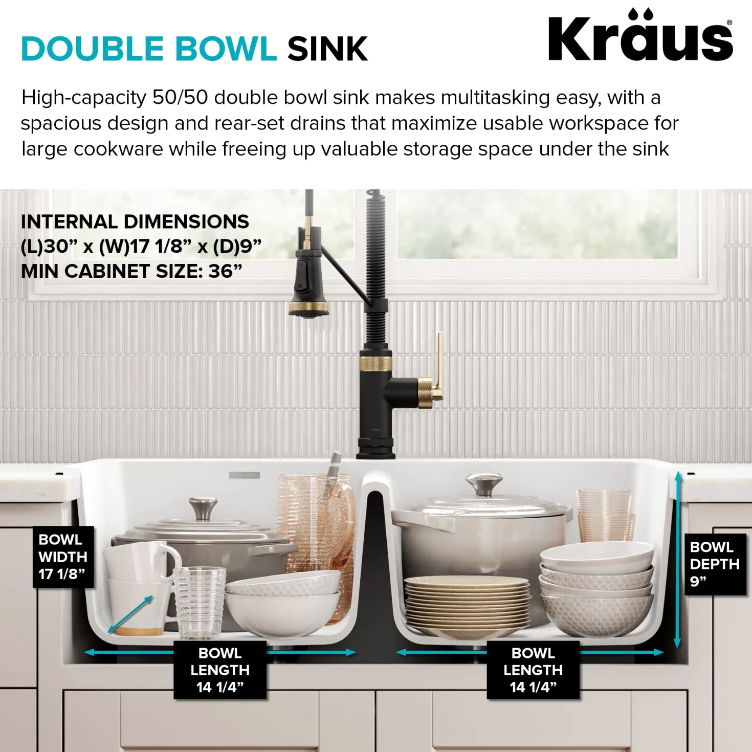 KRAUS Forteza 33” Granite Drop-In or Undermount 50/50 Double Bowl White Kitchen Sink