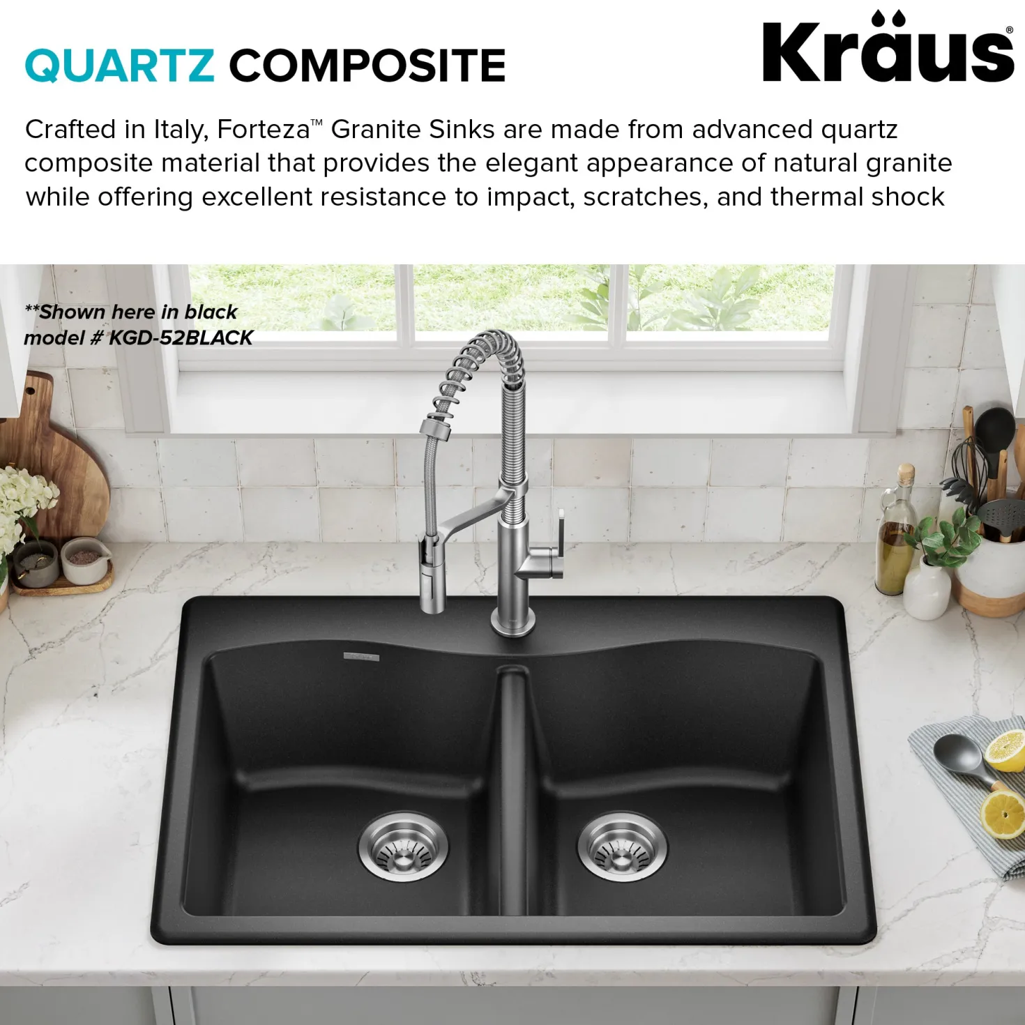 KRAUS Forteza 33” Granite Drop-In or Undermount 50/50 Double Bowl White Kitchen Sink